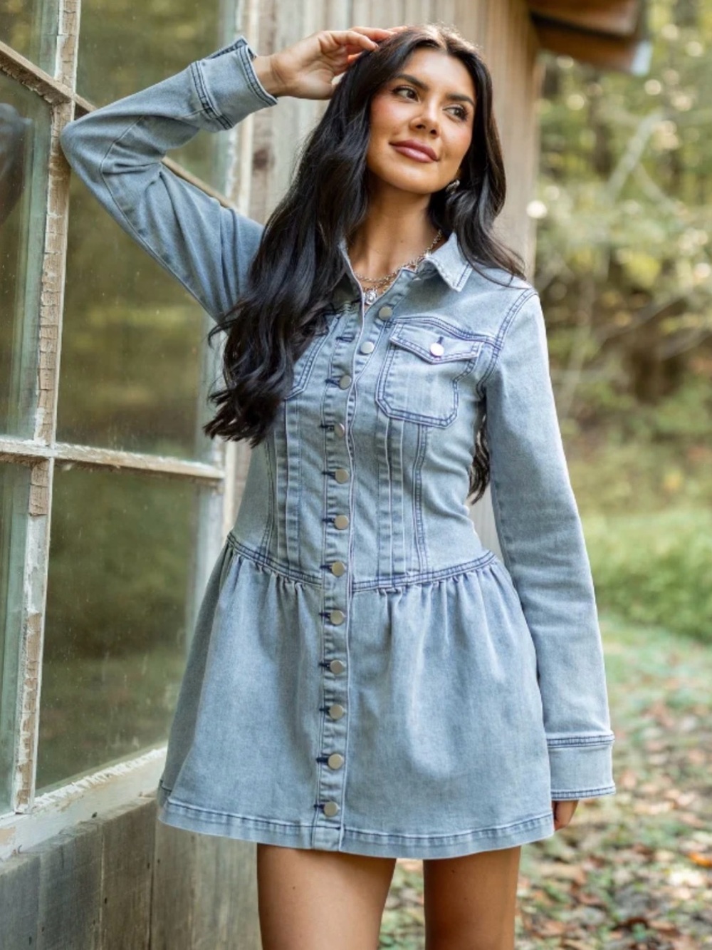 Pink Lily Light Blue Denim Button-Front Long Sleeve Dress